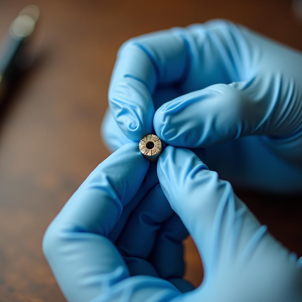 A person wearing rubber gloves attempting to remove a stuck flat back earring.