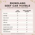 Rhino vs. Nasallang Piercing Comparison: A table comparing aspects of rhino and nasallang piercings, including pain level, healing time, and aftercare.