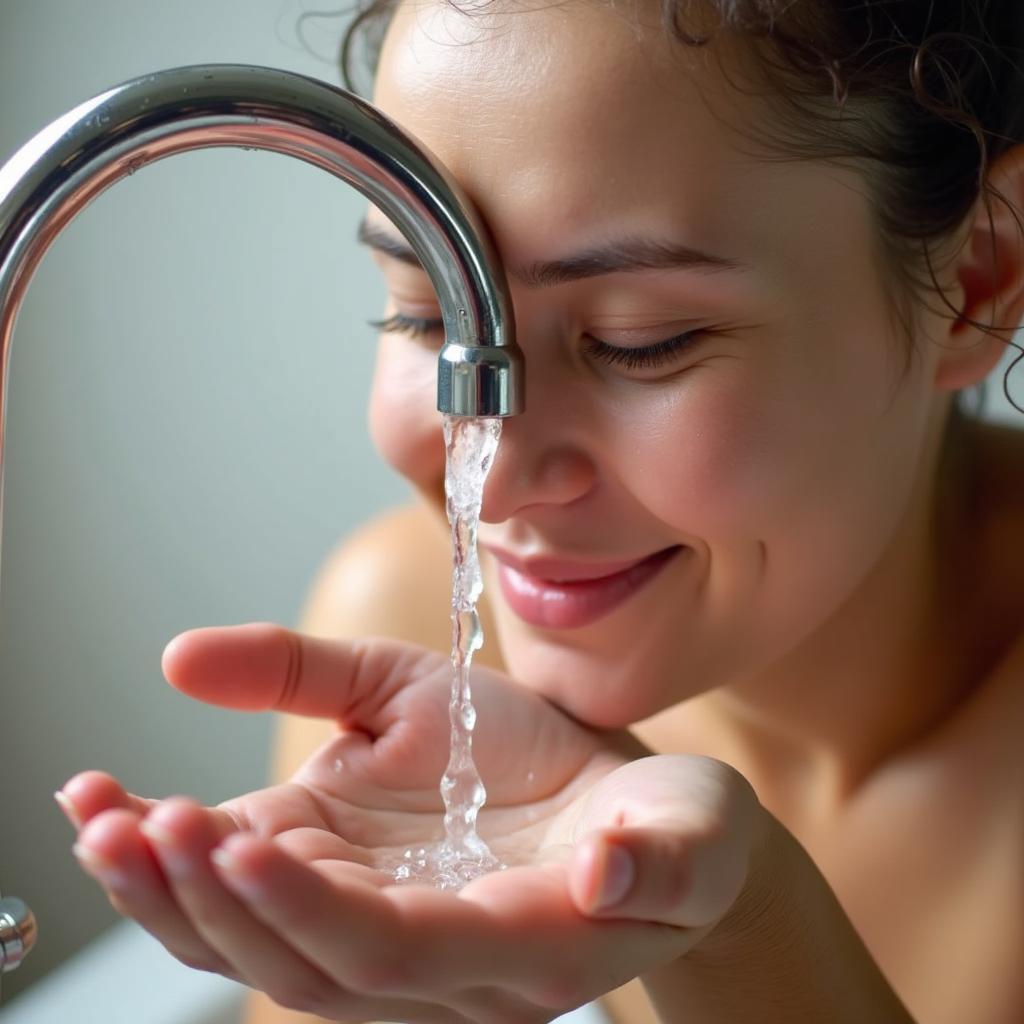 Person rinsing their eyes with water after getting sunscreen in them