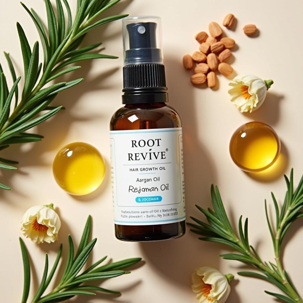 Root Revive Hair Growth Oil bottle with key ingredients highlighted.