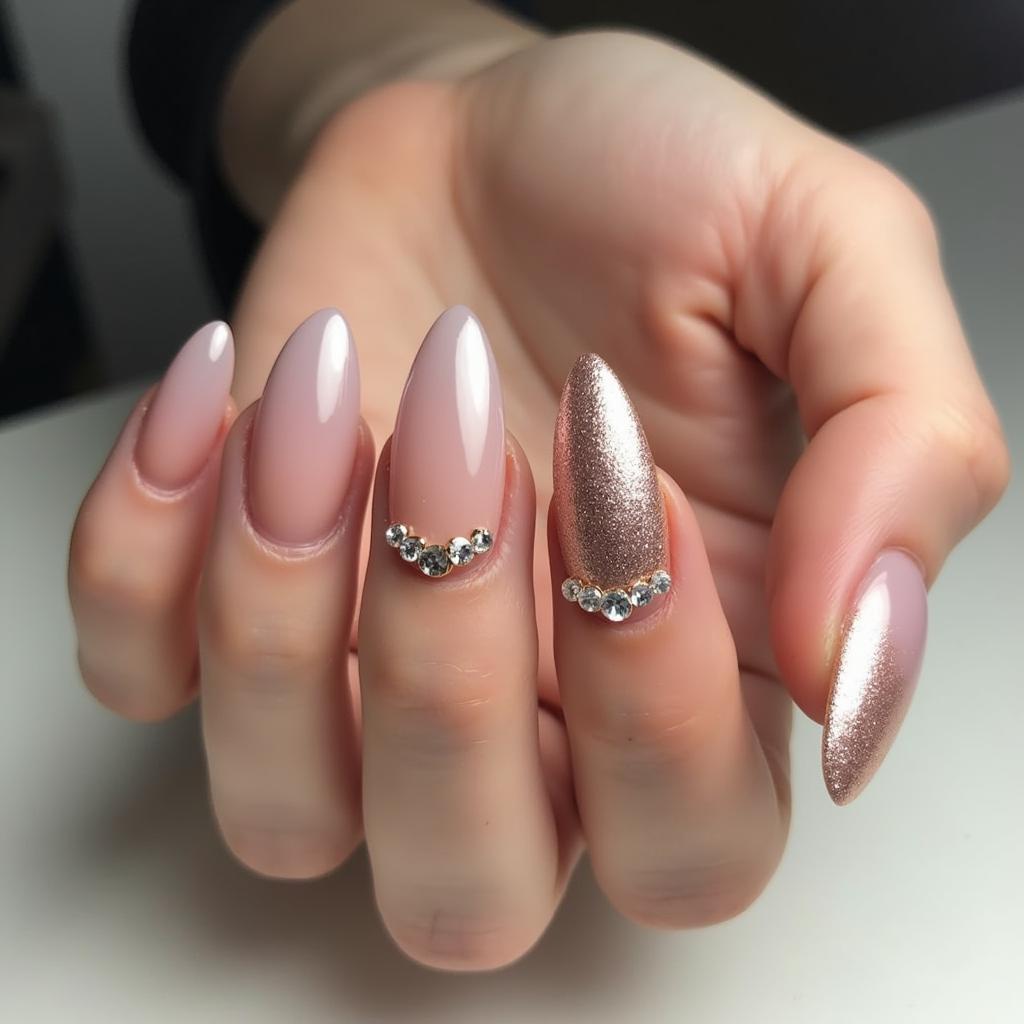 Rose Gold Nails with Rhinestone Accents