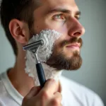 Man using a safety razor to shave his coarse beard, demonstrating proper technique and achieving a smooth, close shave.