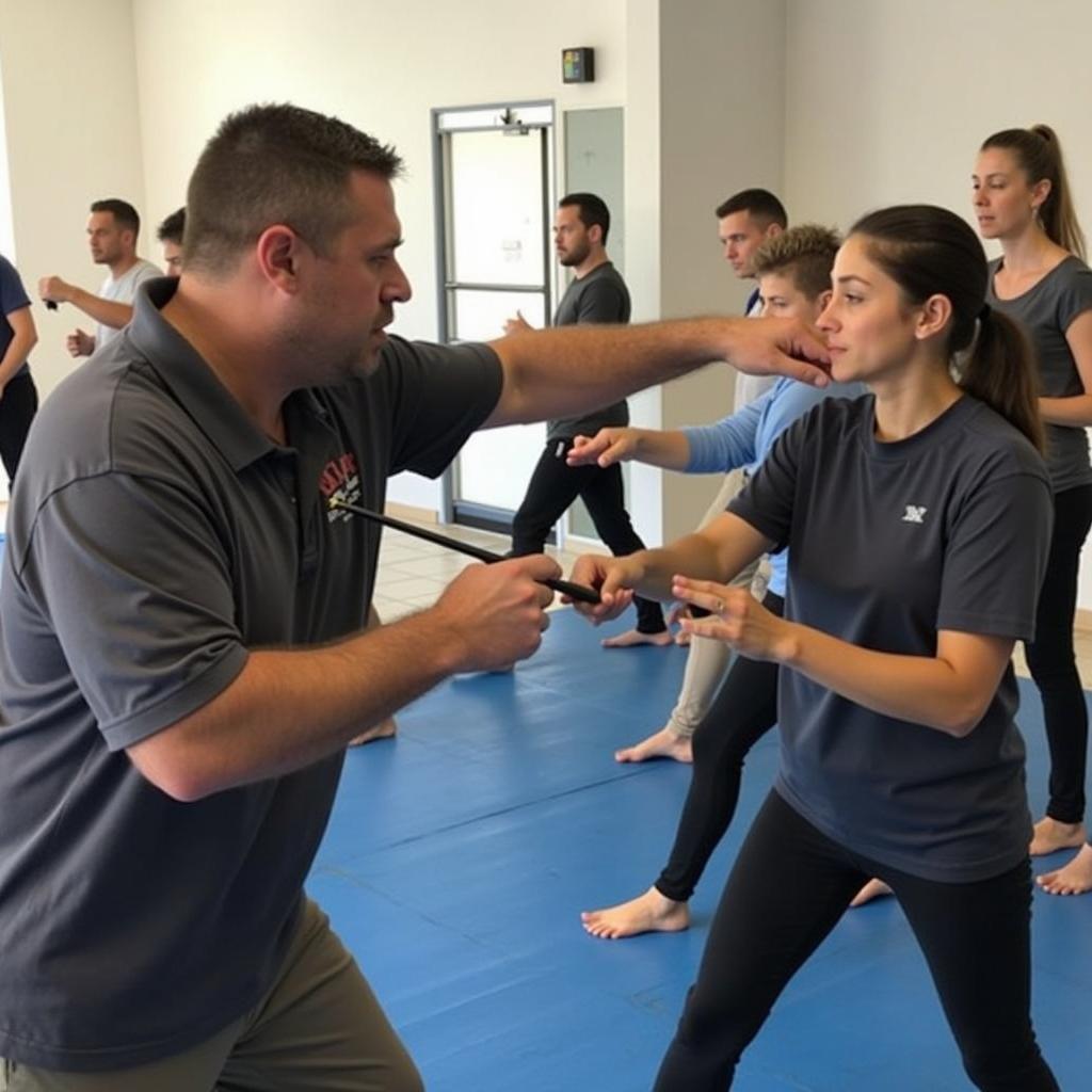 Individuals practicing self-defense techniques with plastic tools under the guidance of an instructor.