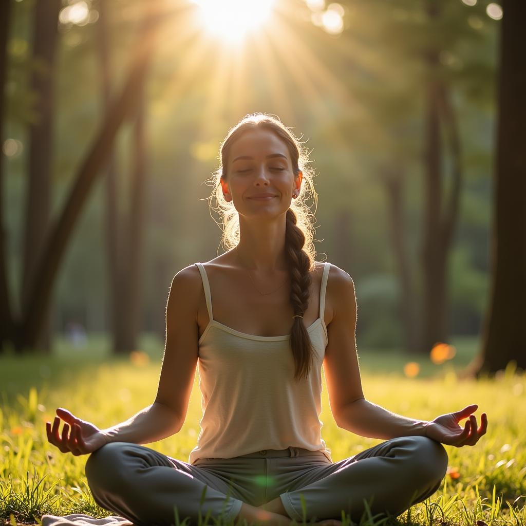 A woman meditating, surrounded by nature