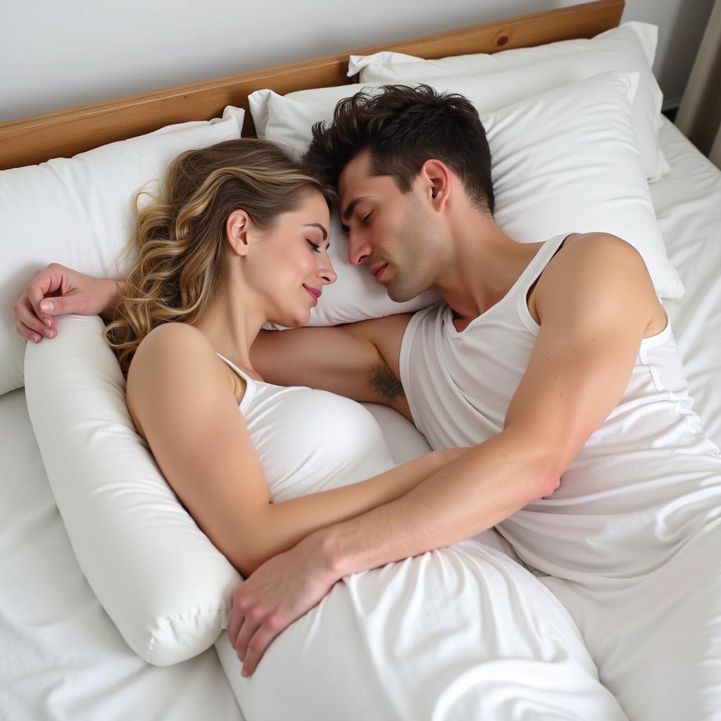 Couple enjoying intimacy with a sex pillow