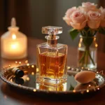 A bottle of sexy perfume sits on a dressing table with soft lighting, conveying the intimate and alluring nature of fragrance.