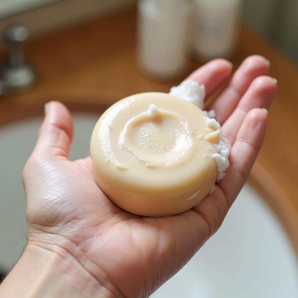 Shampoo bar for wavy hair being lathered in hand.