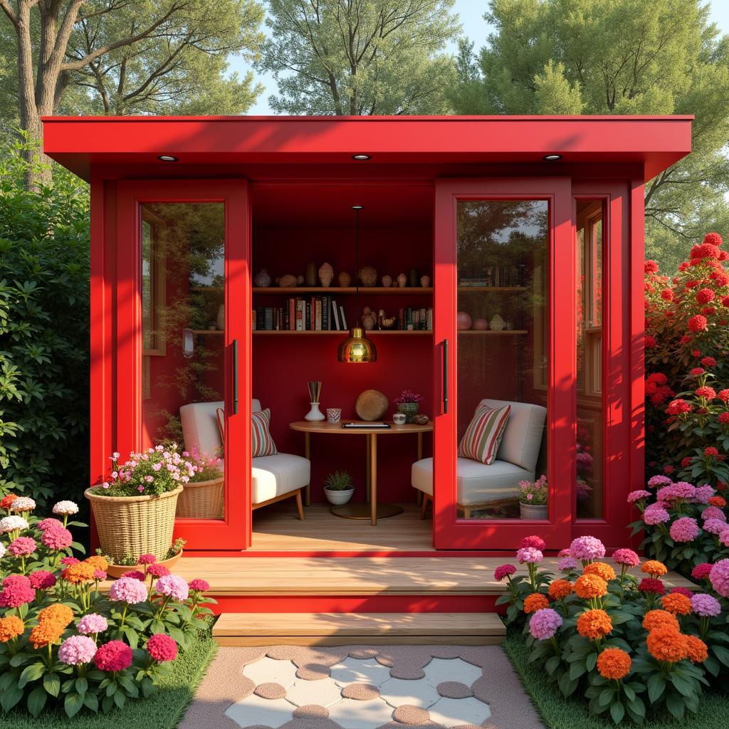 She Shed Decorated with Bold Red Accents for Aries