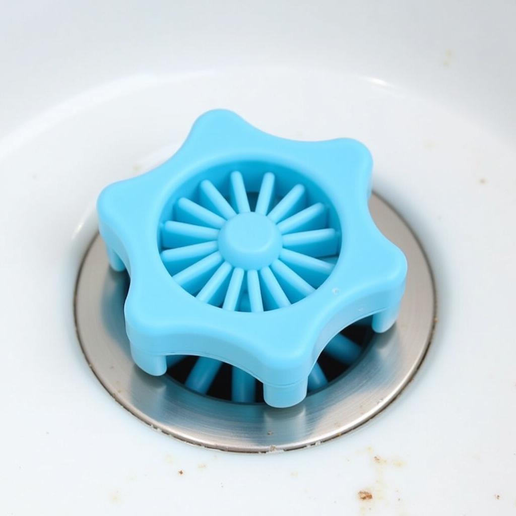 A silicone hair catcher placed over a shower drain