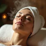 Woman relaxing during a silk head spa treatment