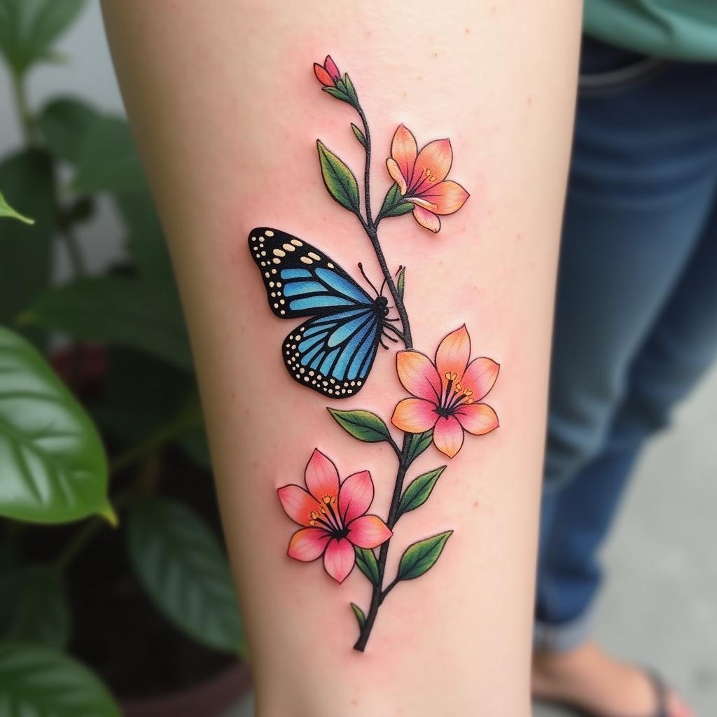 Simple Honeysuckle Tattoo with Butterfly