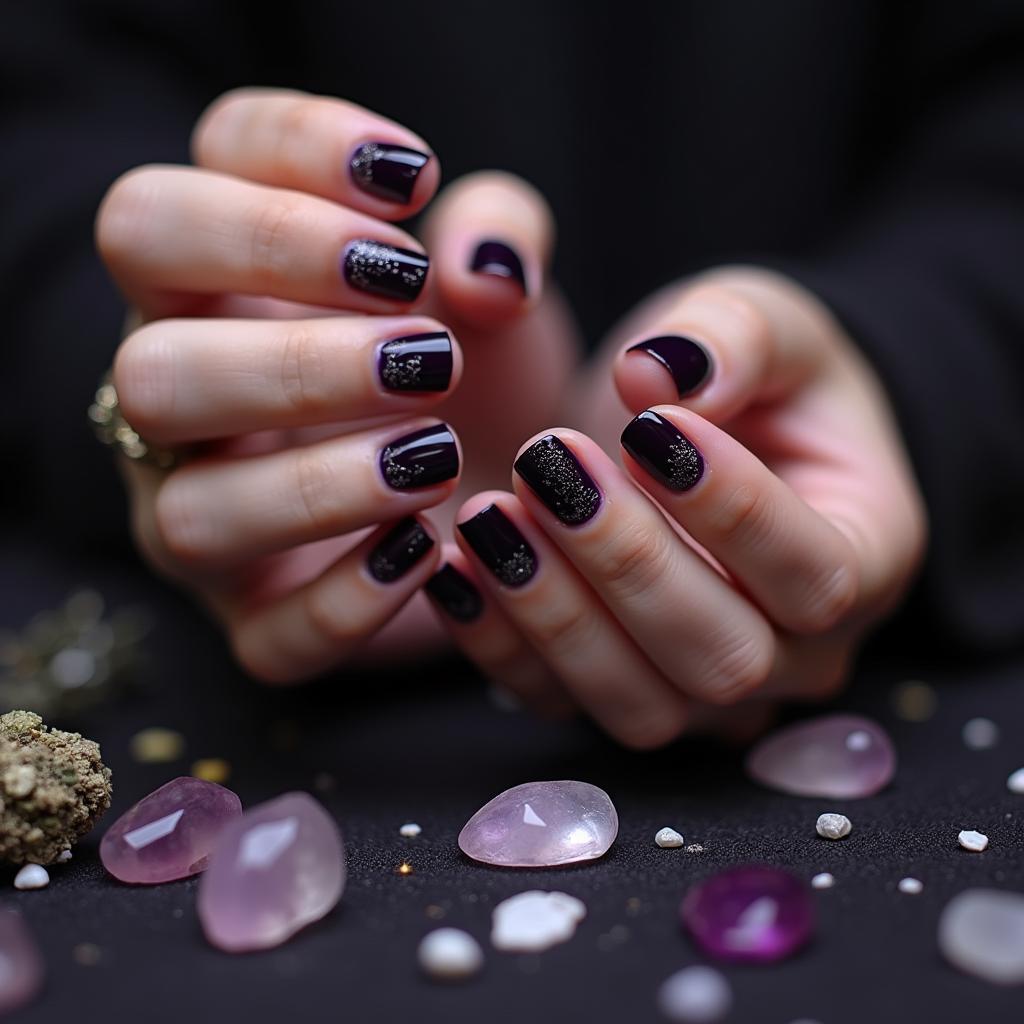 Dark purple witch nails with subtle silver glitter, perfect for a simple yet enchanting look.