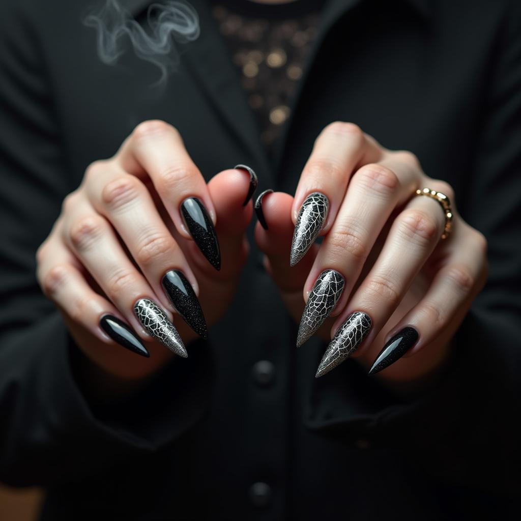 Black stiletto nails with silver spiderweb design, perfect for a gothic glam witchy look.