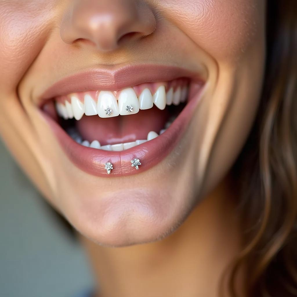 A woman smiling, showcasing her Swarovski crystal tooth gems