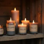 A variety of smoke scented candles in different shapes, sizes, and colors, displayed on a rustic wooden shelf.