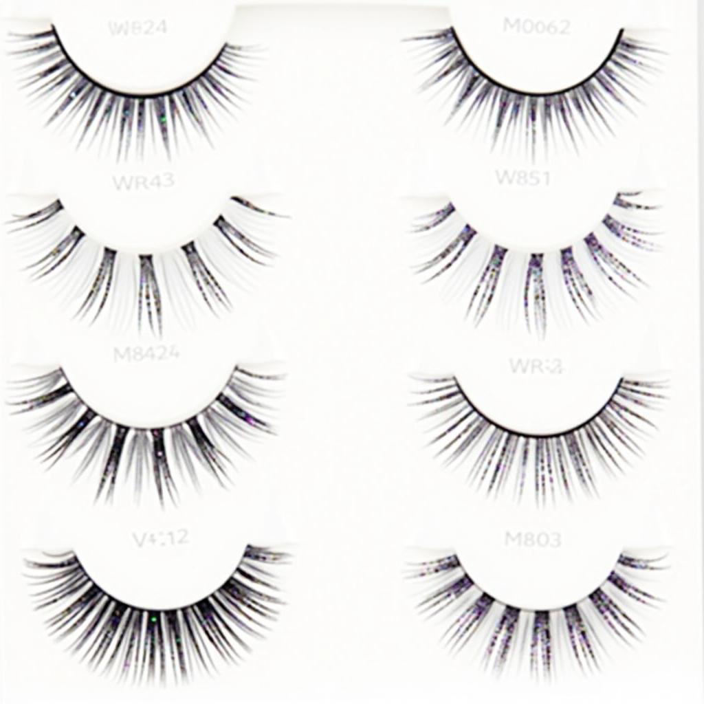 A variety of sparkly false eyelashes showcasing different styles, lengths, and glitter densities.