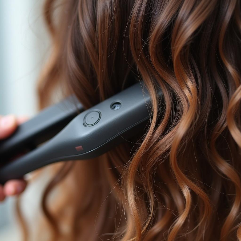 Steel flat iron being used on curly hair