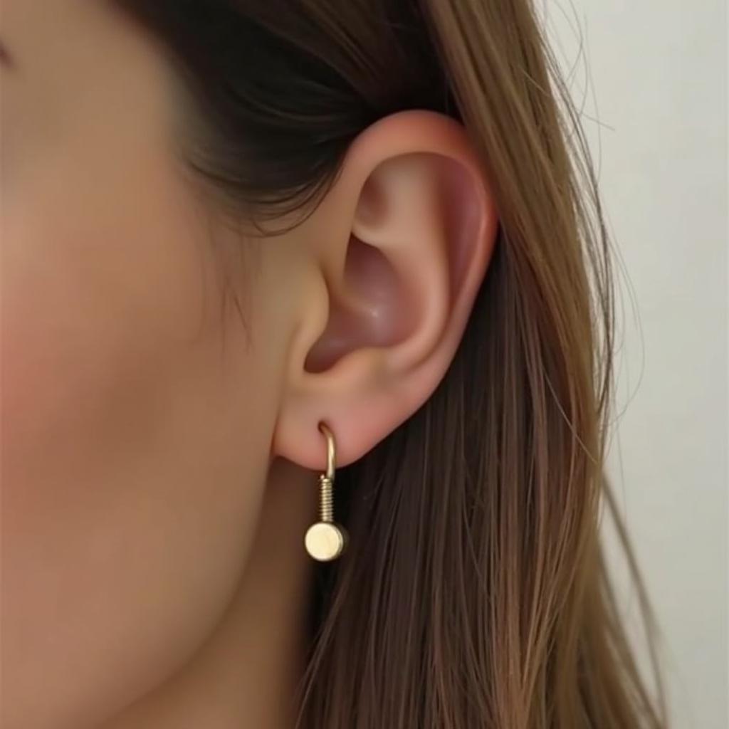 Close-up of a stuck flat back earring on an earlobe.