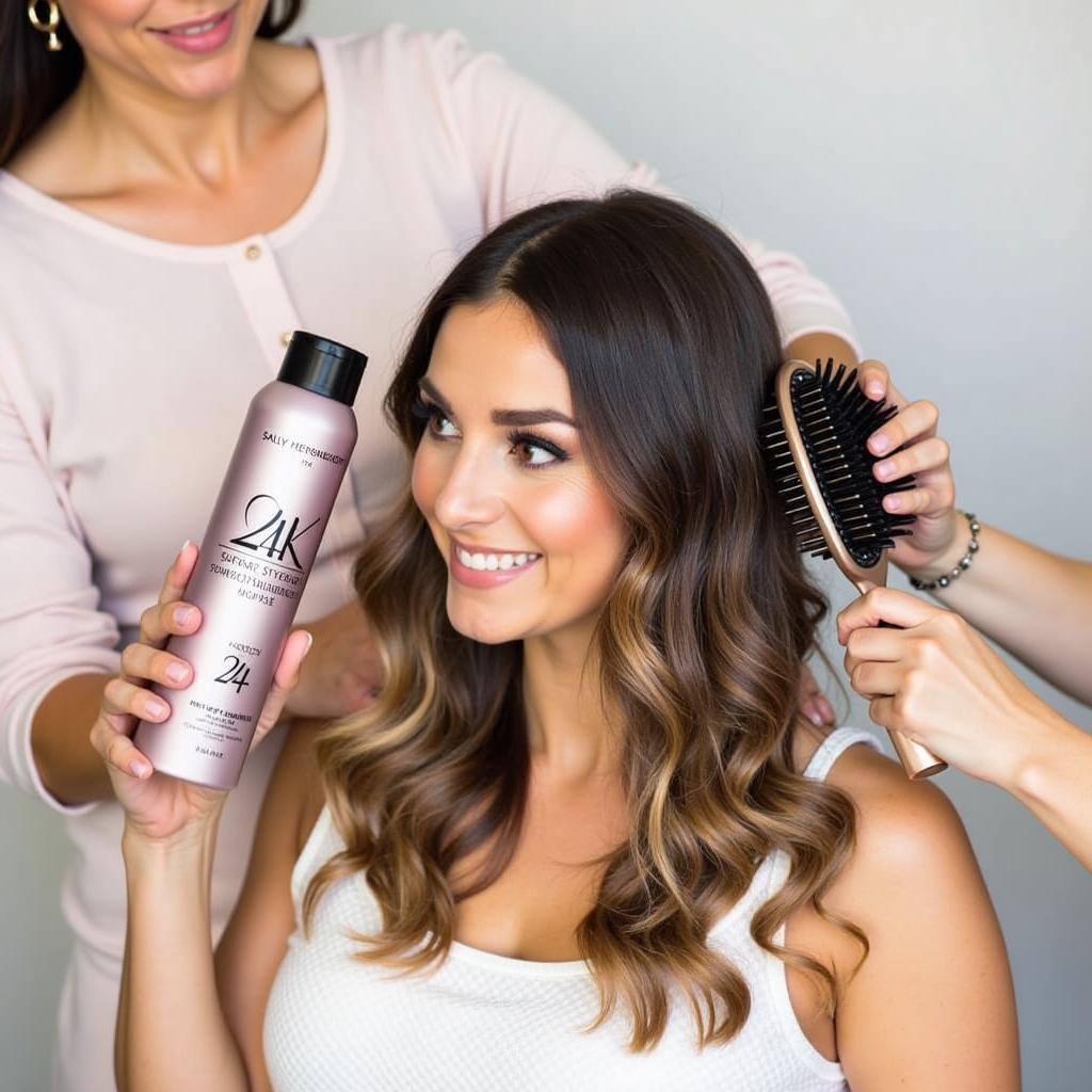 A woman using Sally Hershberger styling products to achieve a voluminous hairstyle.