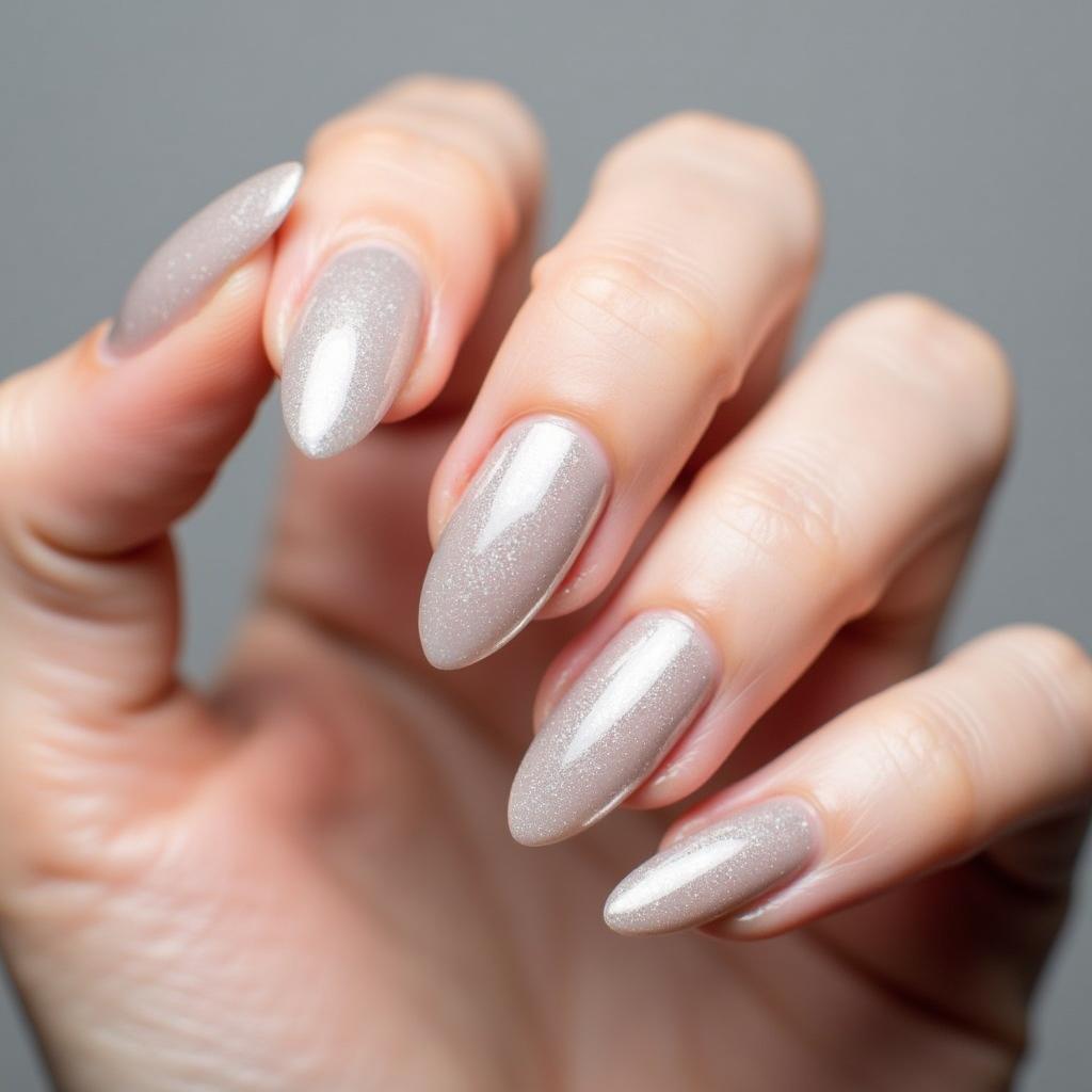 Subtle Silver Shimmer Nails on a Hand