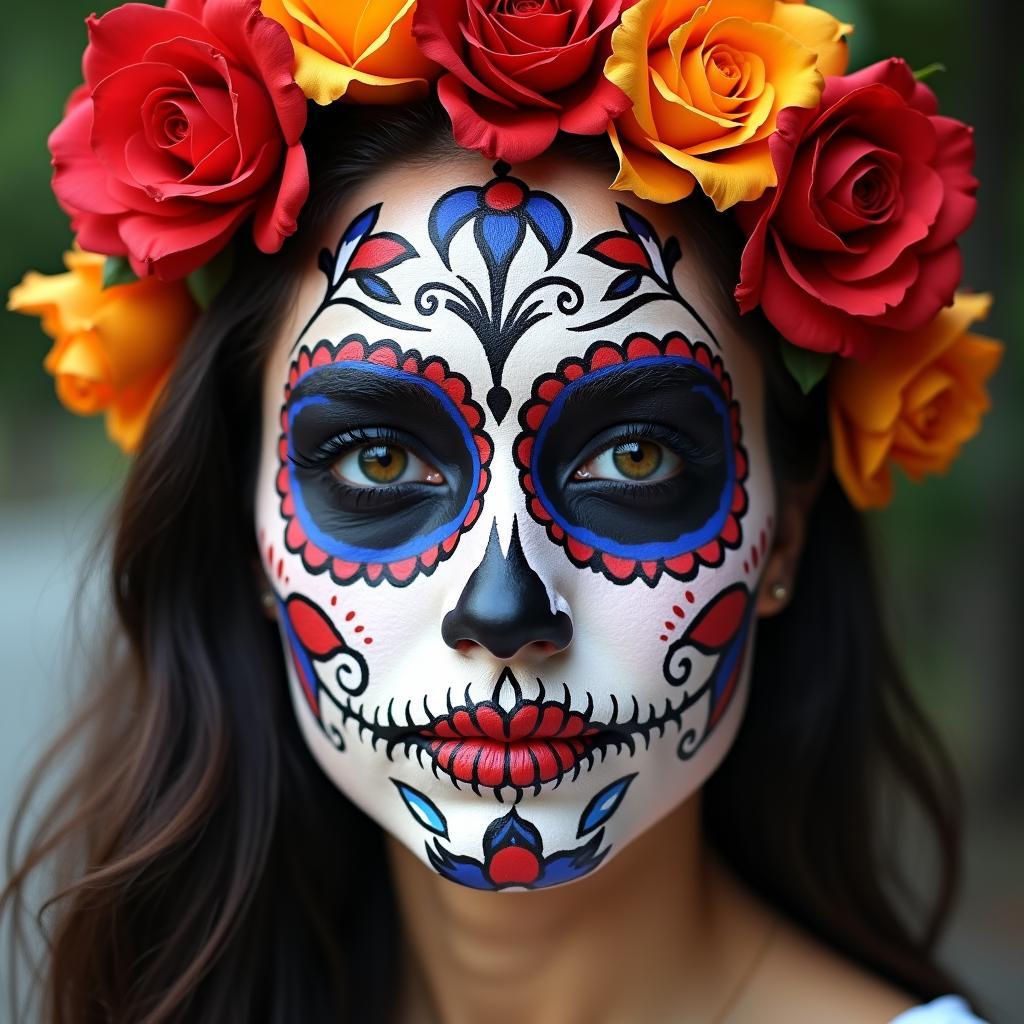 A woman with intricate sugar skull face paint