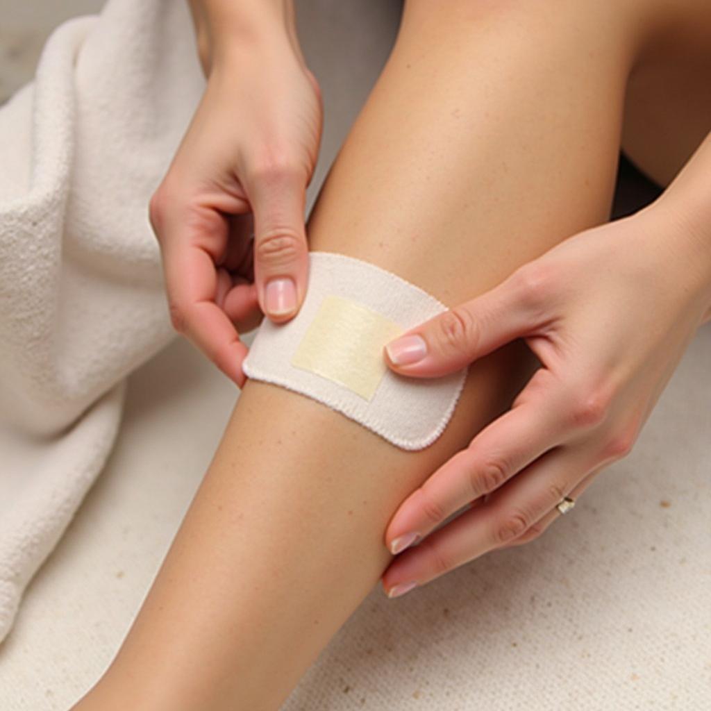 Applying sugar wax strips to legs