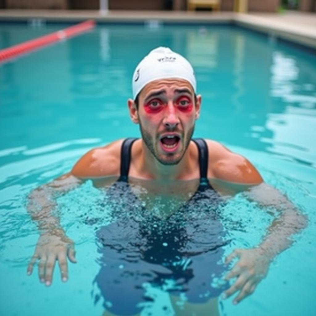 Swimmer with red, irritated eyes after swimming in a chlorinated pool.