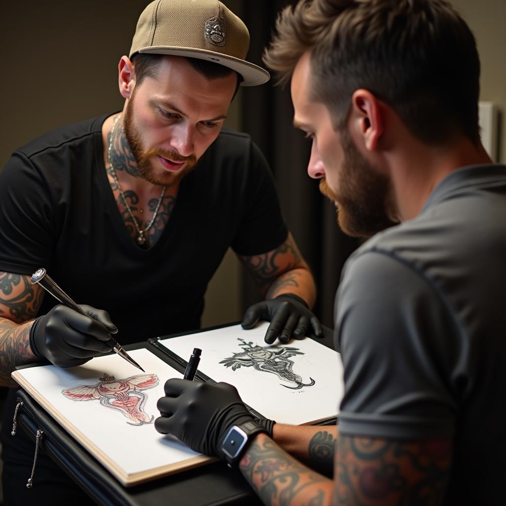 Artist consulting with a client about a walk-in tattoo design