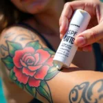 Applying SPF stick to a tattoo