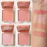 Swatches of Too Faced Papa Don't Peach blush on different skin tones.