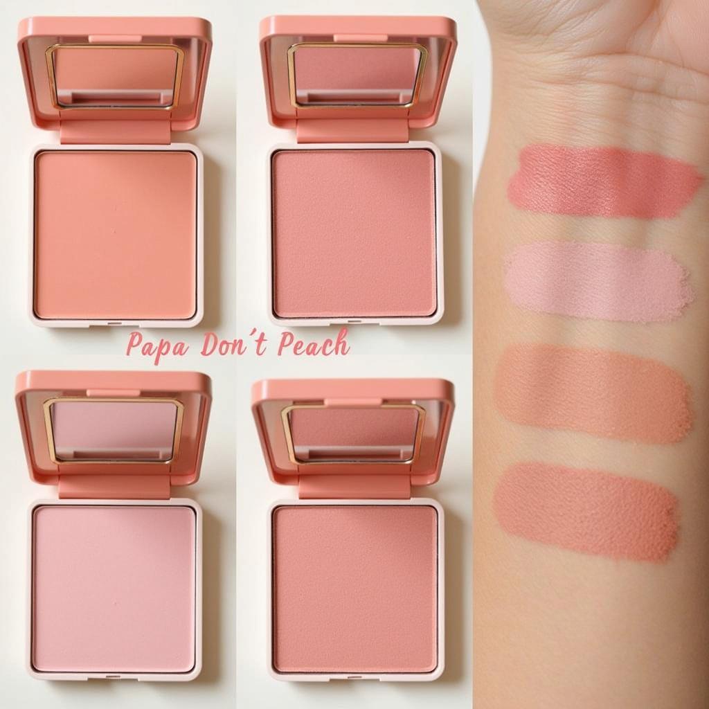 Swatches of Too Faced Papa Don't Peach blush on different skin tones.