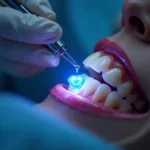 Dentist using a curing light on a newly applied tooth gem.