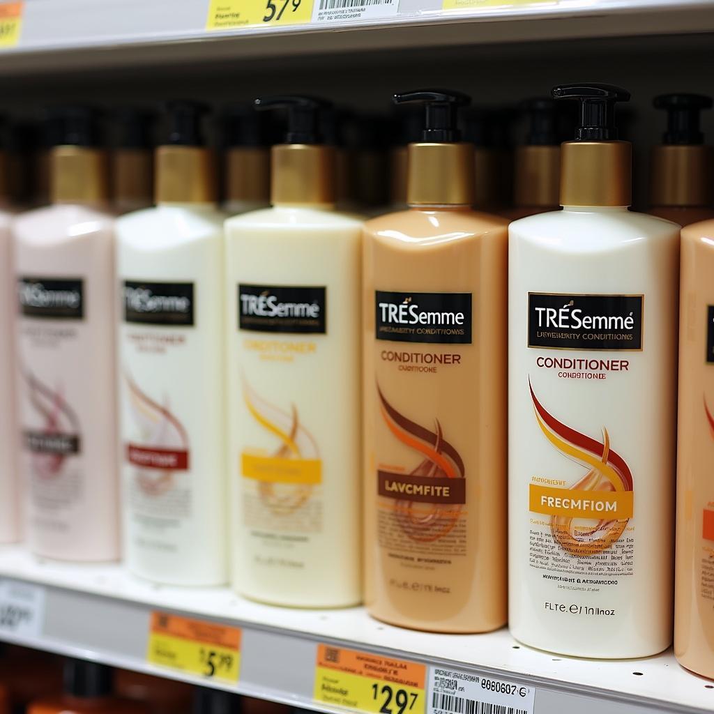 Various Tresemme Conditioner Bottles on a Shelf