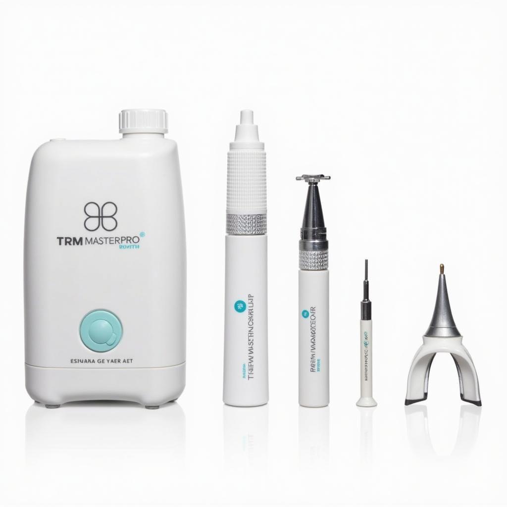 The Trim Master Pro Nail Trimmer displayed with its accompanying accessories, including a nail file and cleaning brush.