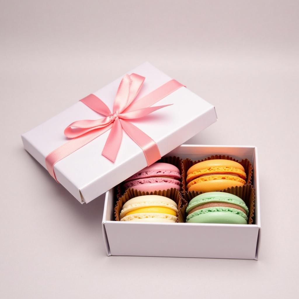 Unicorn macarons in a gift box with pastel ribbon