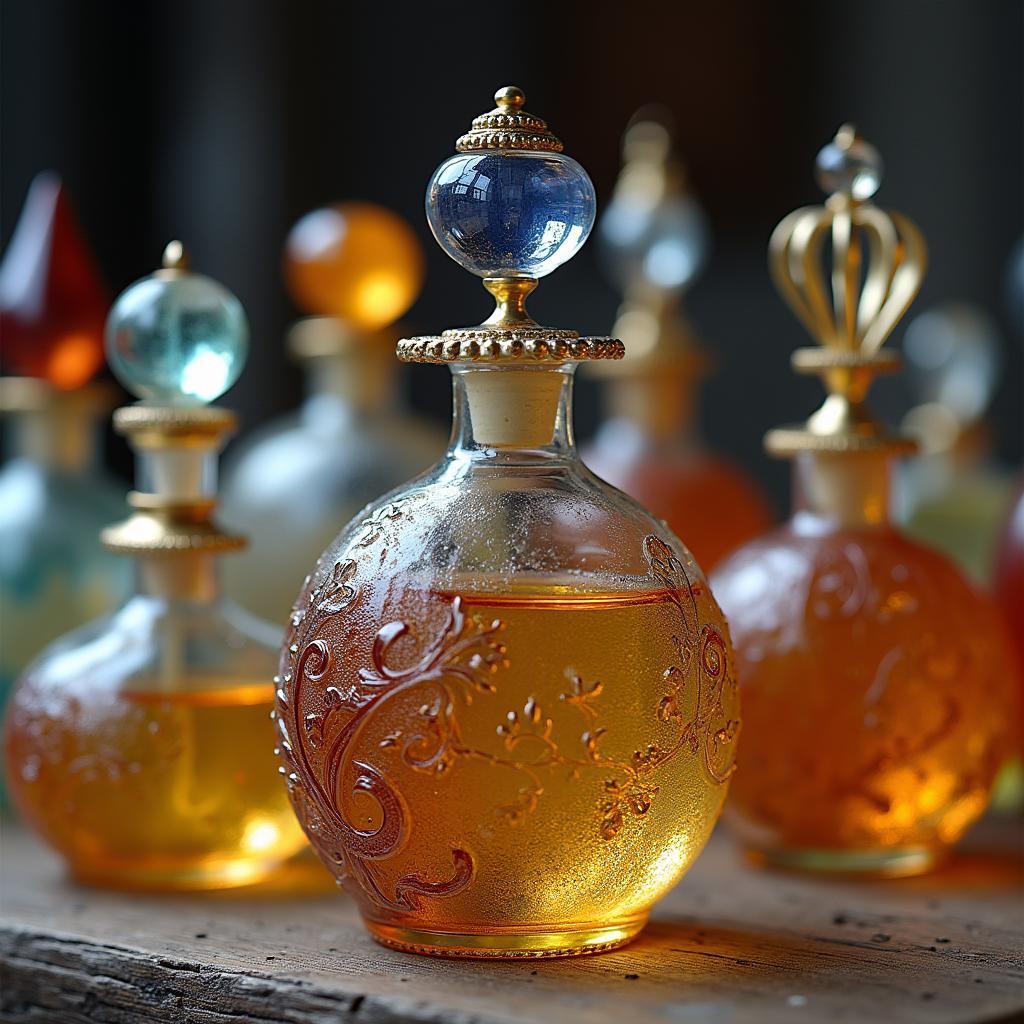 Unique glass perfume bottles in various artistic styles and shapes.