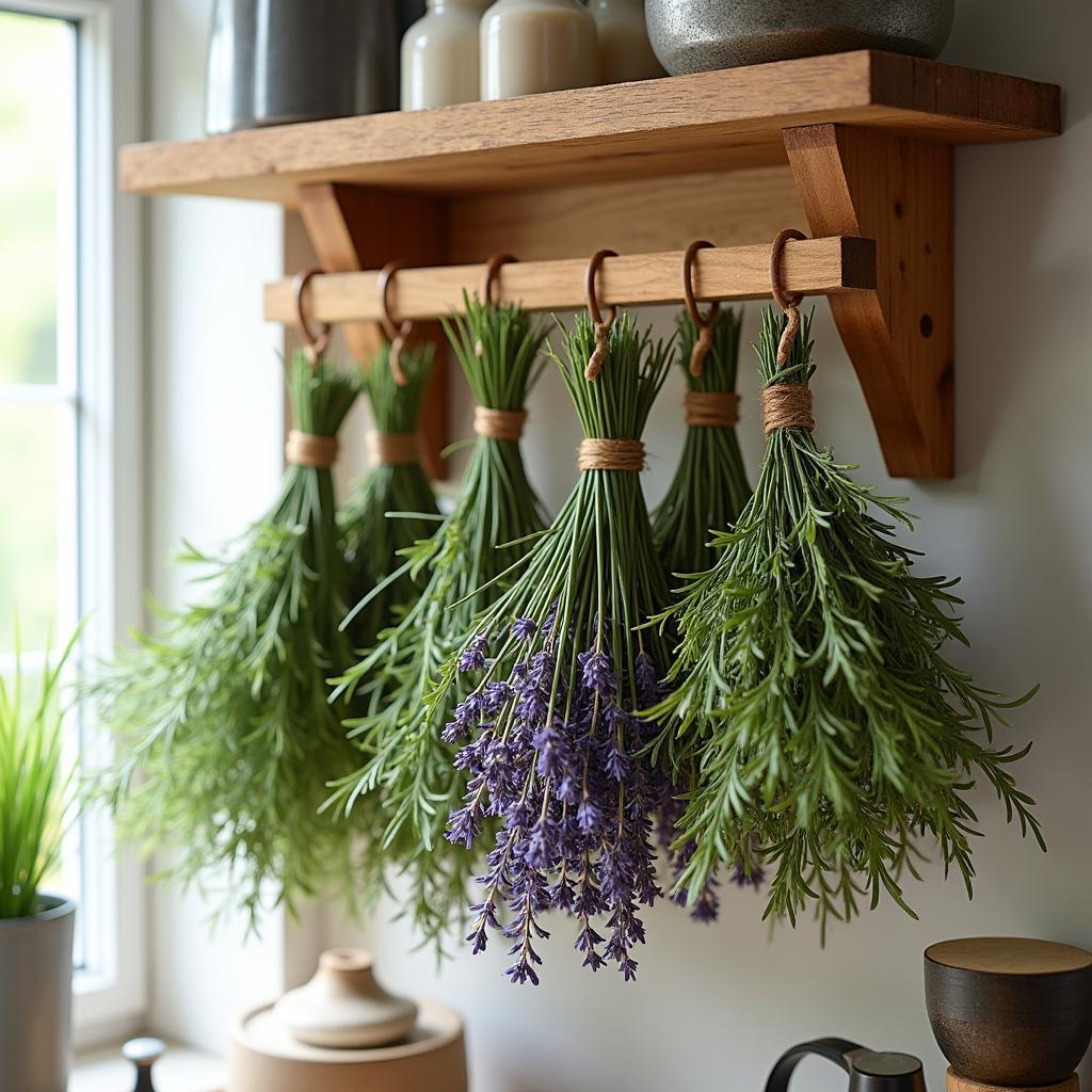 Wooden Herb Drying Rack with Hanging Herbs