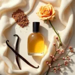 Various ingredients used in vanilla cashmere perfumes, including vanilla beans, cashmere wool, and flowers.