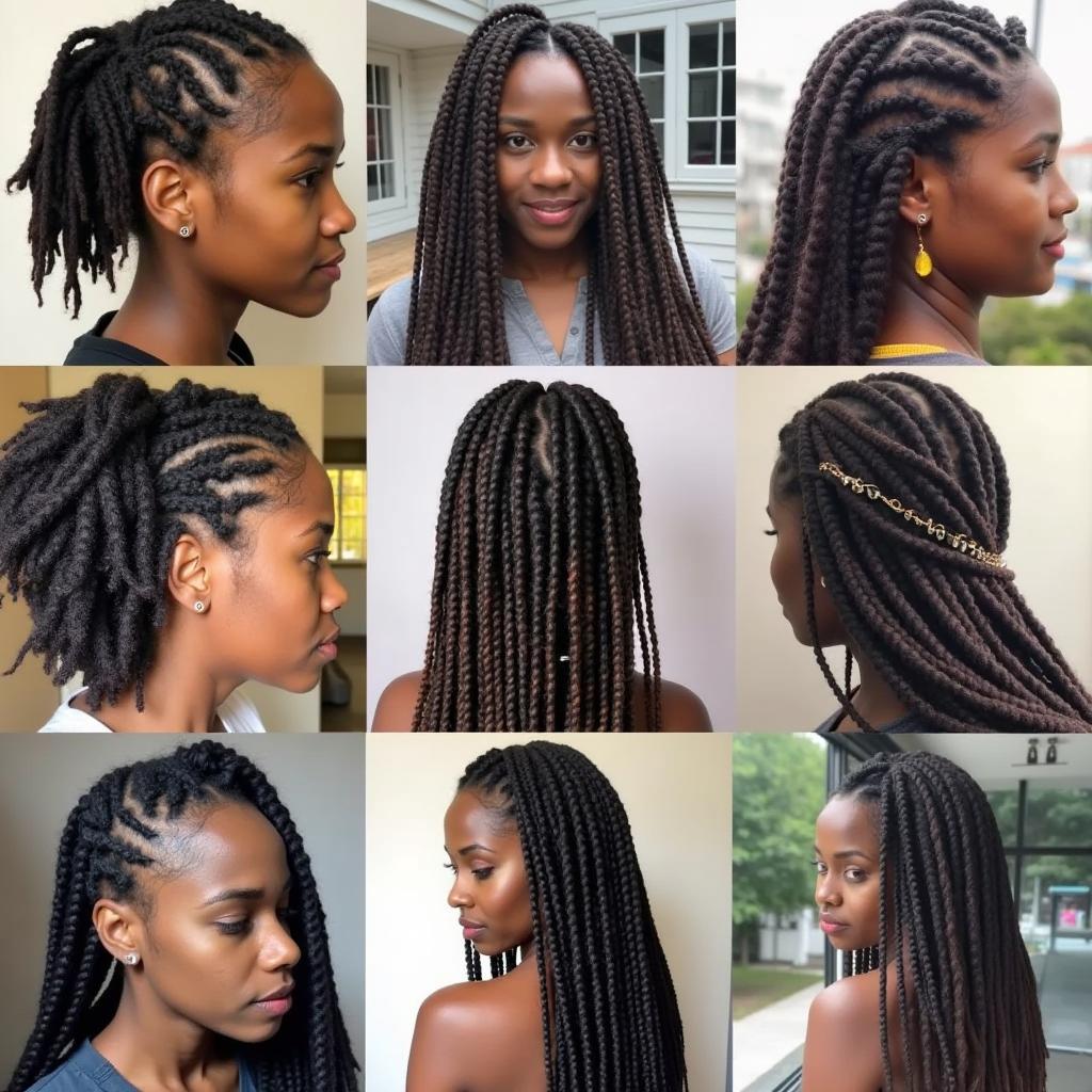 A collage showcasing various dreadlock styles, including thick, thin, short, long, and styled dreads.