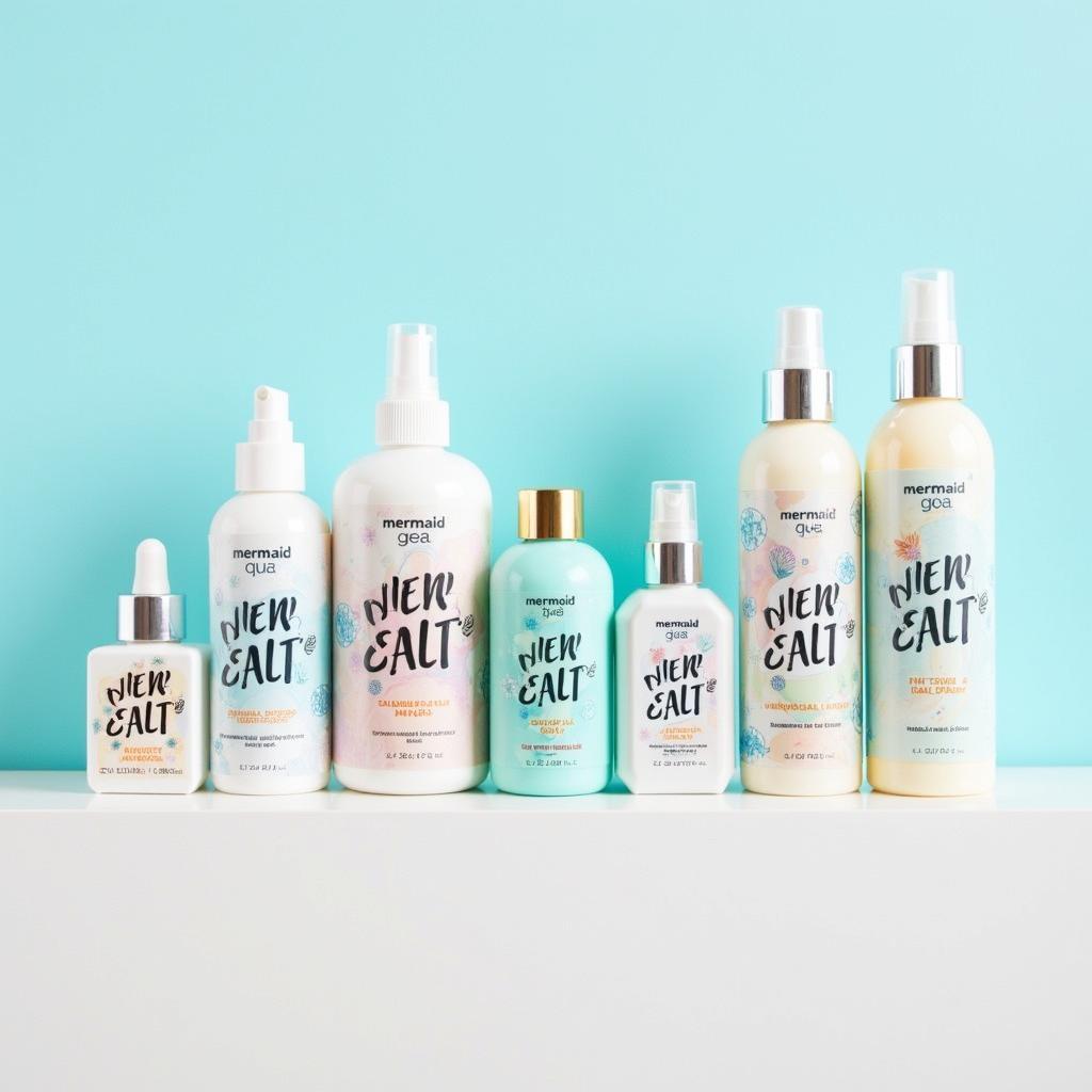 Different brands of mermaid sea salt hair sprays arranged on a shelf.