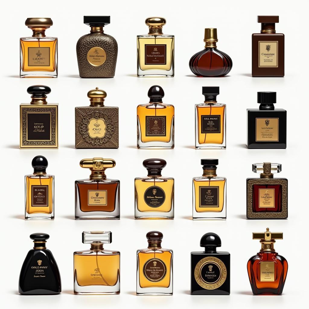 A collection of various oud perfume bottles