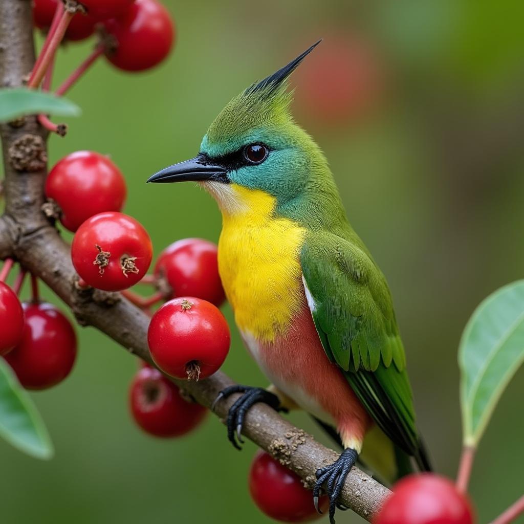 Vireo Bird Perched on a Branch with Red Berries