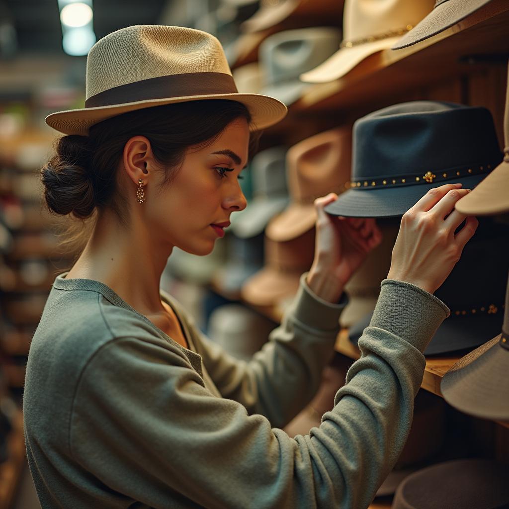 A Virgo carefully examining the stitching and material of a hat