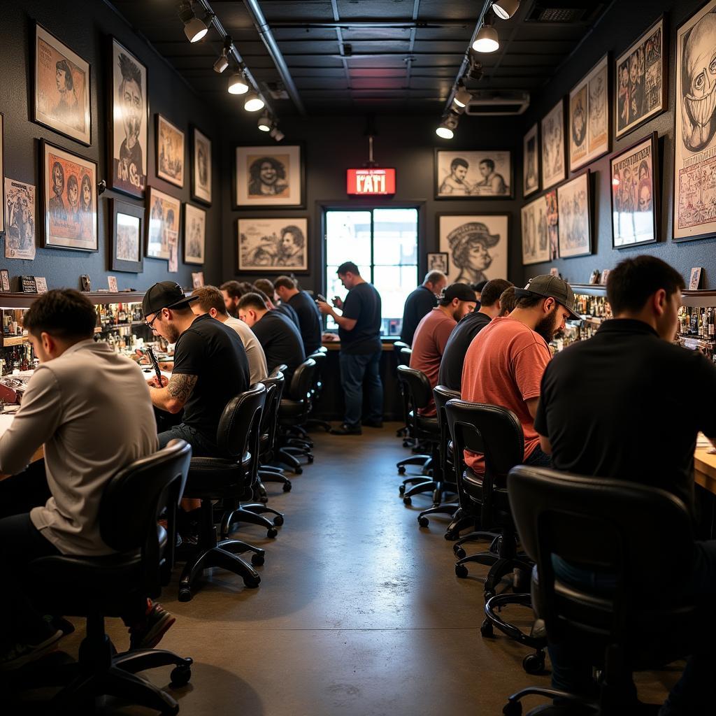 Busy walk-in tattoo shop with customers and artists