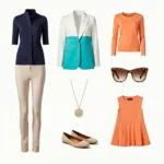 Examples of warm orange nail polish paired with complementary colors, including outfits and accessories.