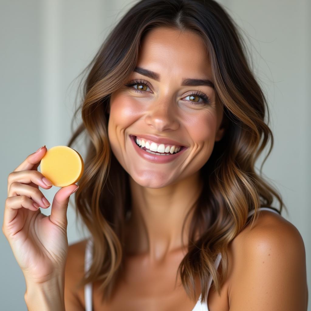 Woman with beautiful, defined waves after using a shampoo bar.