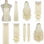 Various styles of white clip-on hair extensions