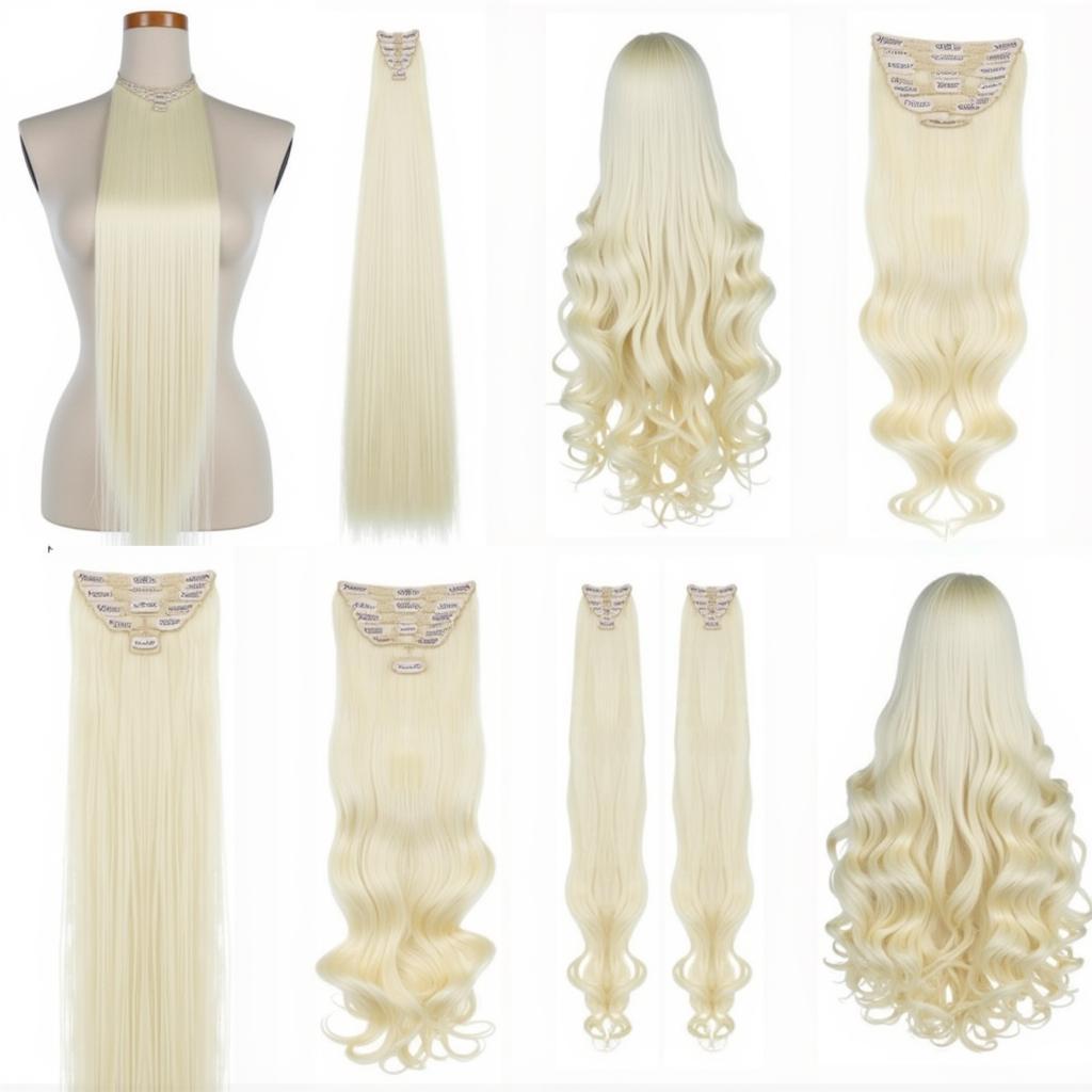 Various styles of white clip-on hair extensions