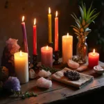 Wiccan altar with various colored candles and ritual tools.