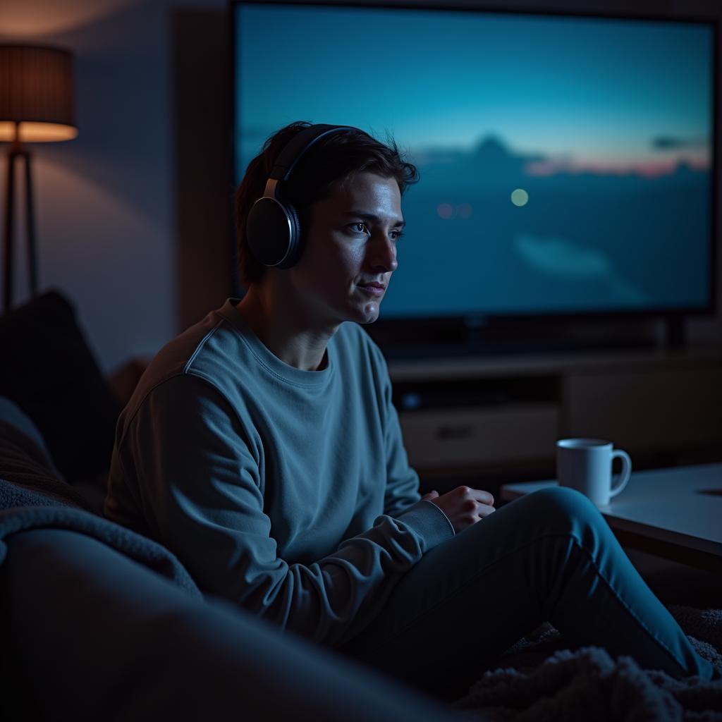 Person Enjoying Movie Night with Wireless Headphones